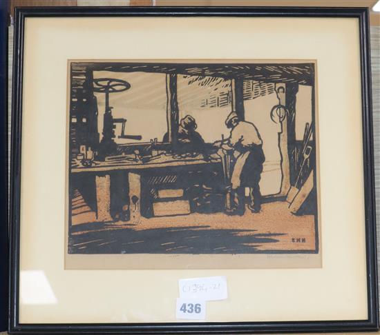 E. Hesketh Hubbard, woodblock print, Workshop. signed in pencil, 23 x 27cm